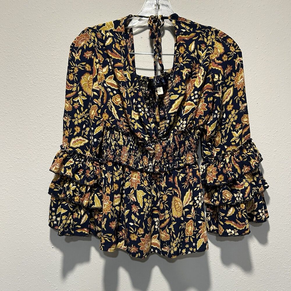 Womens Floral Top V Neck Flutter Tiered Sleeve Hippie Festival Fall Smocked